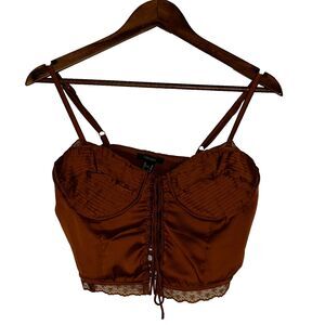 Forever 21 NWT Woven Top Cami M Satin Toffee Corset Lace Spaghetti Lingerie